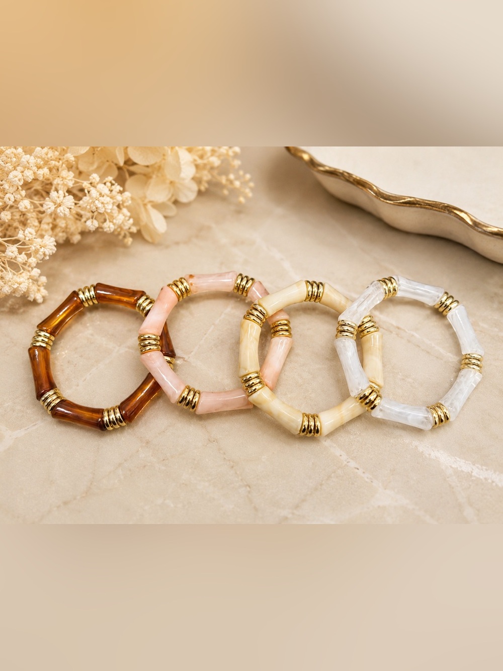 Luxe Resin Bamboo Stretch Bracelet Set – Gold Accent Stack